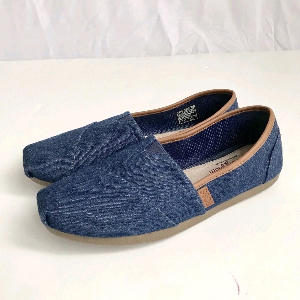 Sketchers BOBS Chambray Blue Canvas Flat Shoes Memory Foam Leather Insole 6